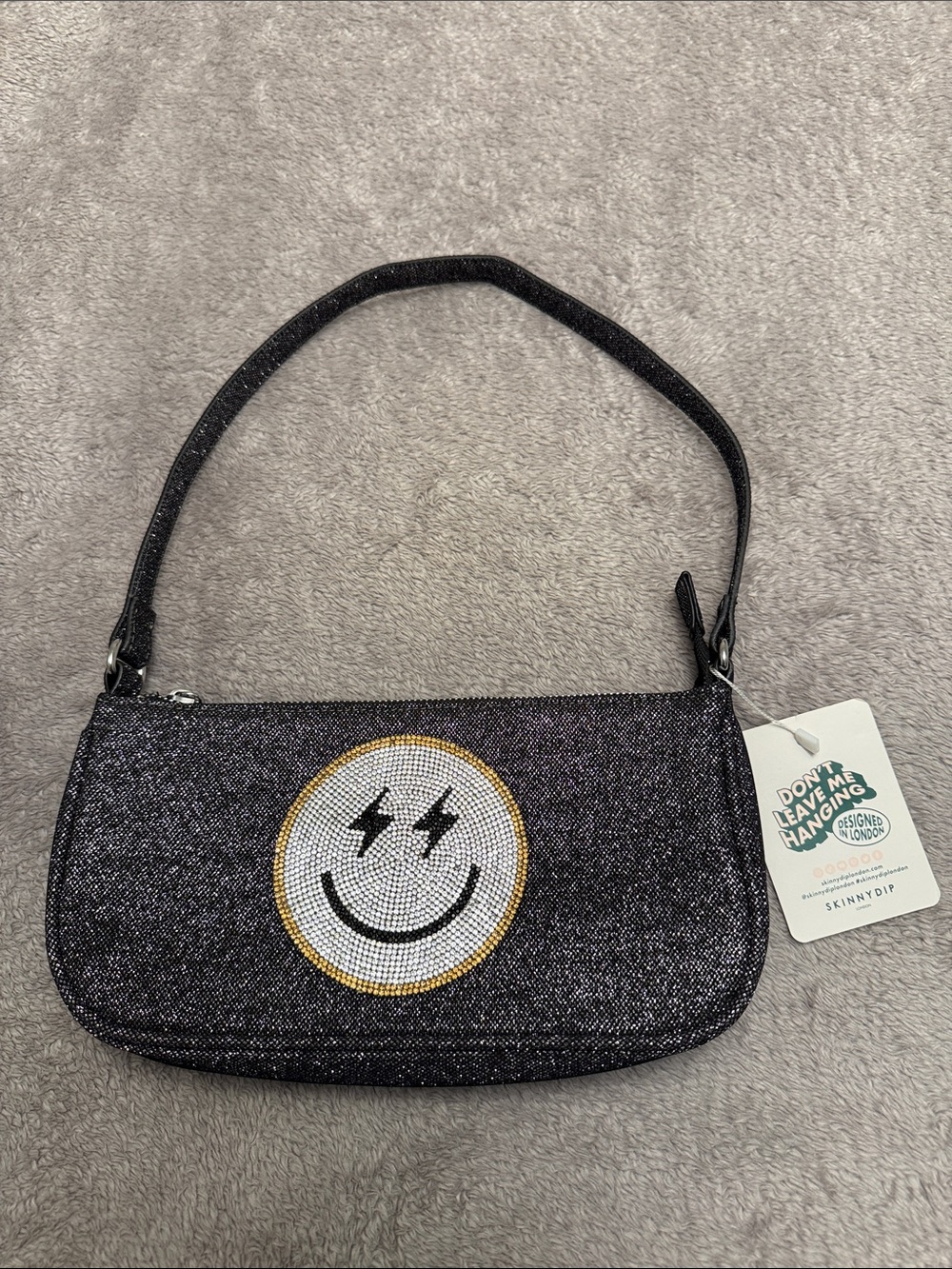 SKINNYDIP London Black Glitter Shoulder Bag with Crystal Smiley